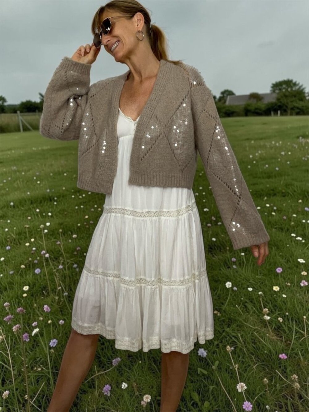 Anthropologie Maeve Cropped Sequin Cardigan Sweater One Size All Taupe